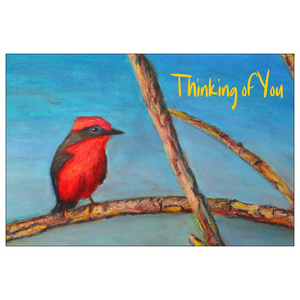 Open image in slideshow, “Thinking Of You” Greeting Card. Art Flat Cards. Red bird. Oil Pastel.
